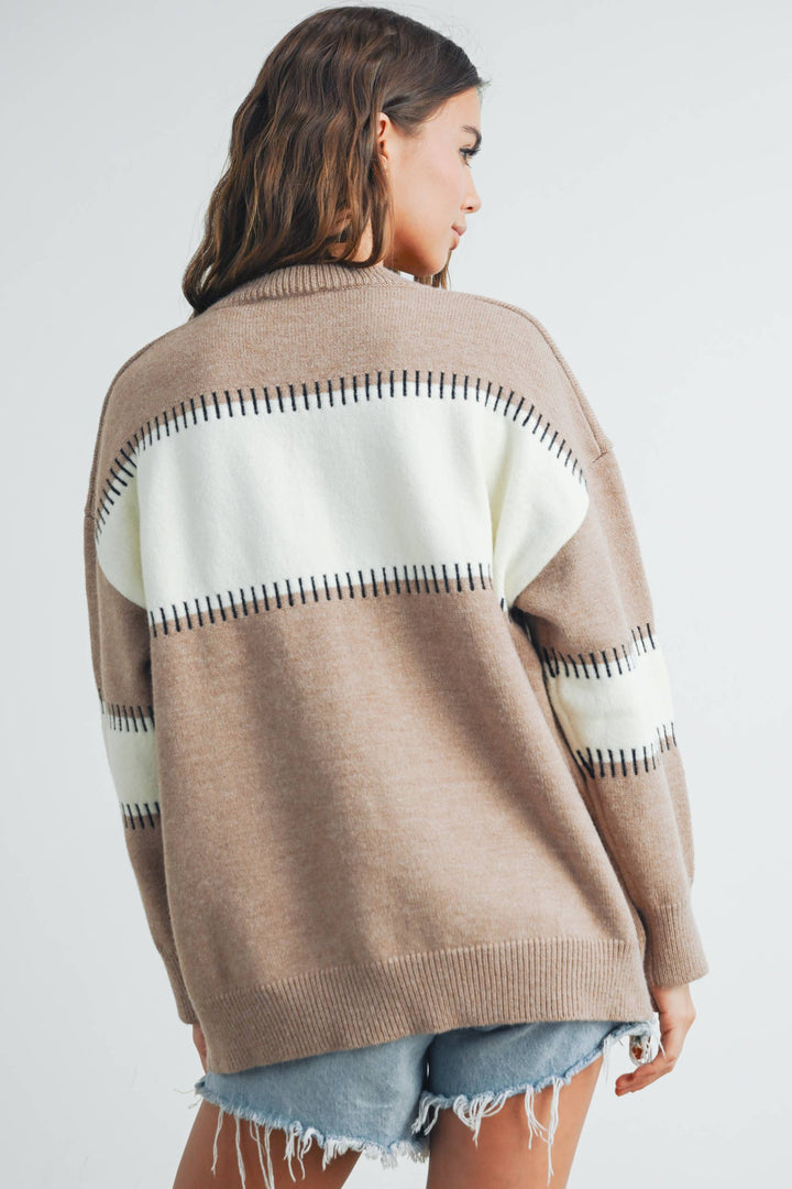 Women's Sweaters - COLOR BLOCK STRIPED CREW NECK SWEATER - - Cultured Cloths Apparel