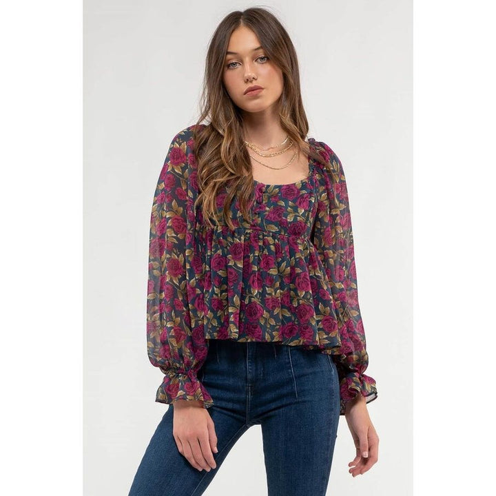 Women's Long Sleeve - Floral Babydoll Blouse - Hunter Green Multi - Cultured Cloths Apparel