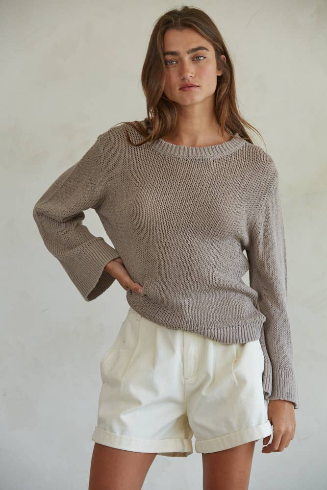 Women's Sweaters - Knit Cotton Crew Neck Long Sleeve Sweater Top - Mocha - Cultured Cloths Apparel