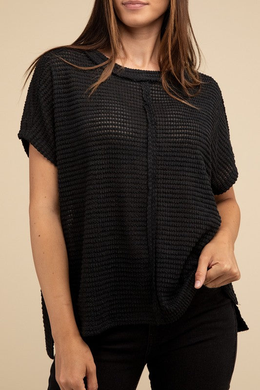 Women's Sweaters - Dolman Short Sleeve Jacquard Sweater - BLACK - Cultured Cloths Apparel