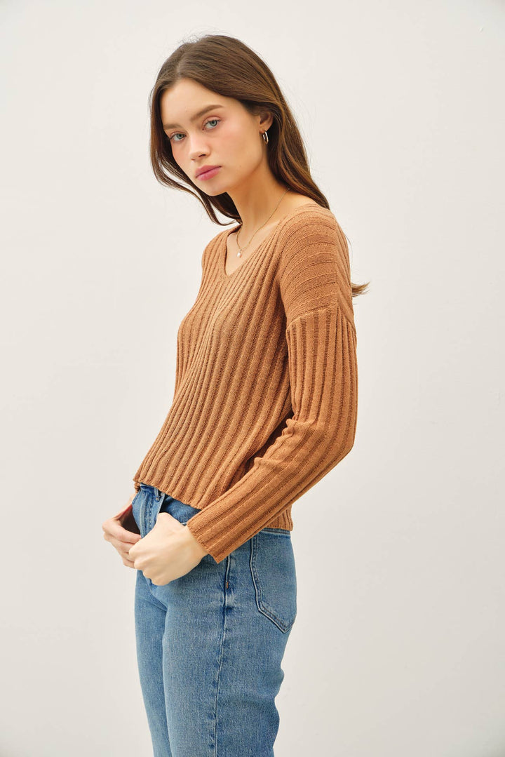 Women's Sweaters - RAISED RIB V-NECK SWEATER - - Cultured Cloths Apparel