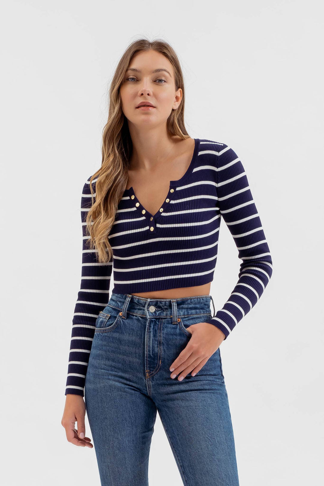 Women's Long Sleeve - STRIPE HENLEY LONG SLEEVE SWEATER KNIT CROP TOP - NAVY - Cultured Cloths Apparel