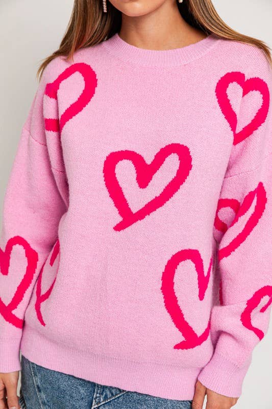 Women's Sweaters - Long Sleeve Round Neck Heart Printed Sweater -  - Cultured Cloths Apparel