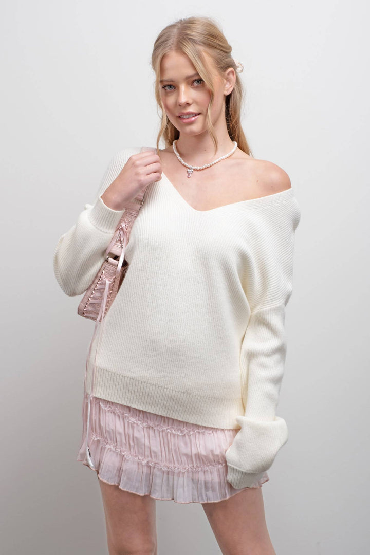 Women's Sweaters - V NECK DROP SHOULDER BACK BOW TIE DETAIL SWEATER - CREAM - Cultured Cloths Apparel