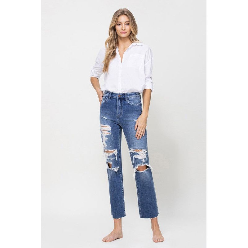 Denim - DISTRESSED HIGH RISE ANKLE RELAXED STRAIGHT -  - Cultured Cloths Apparel