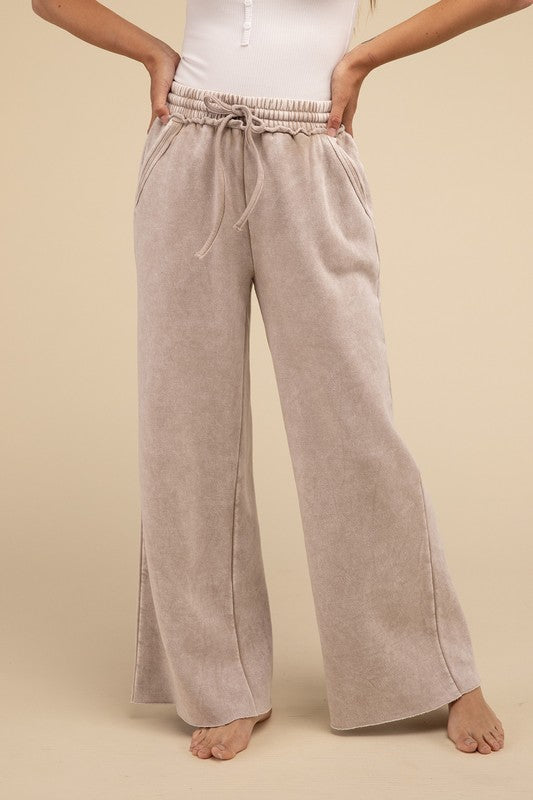  - Acid Wash Fleece Palazzo Sweatpants with Pockets - ASH MOCHA - Cultured Cloths Apparel