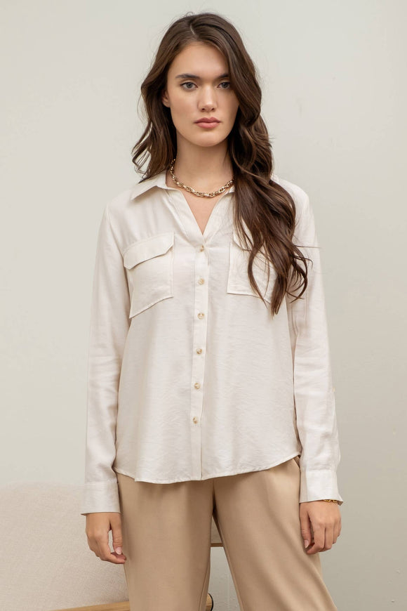 Women's Long Sleeve - BUTTON DOWN SHIRT WITH POCKET - LIGHT TAUPE - Cultured Cloths Apparel