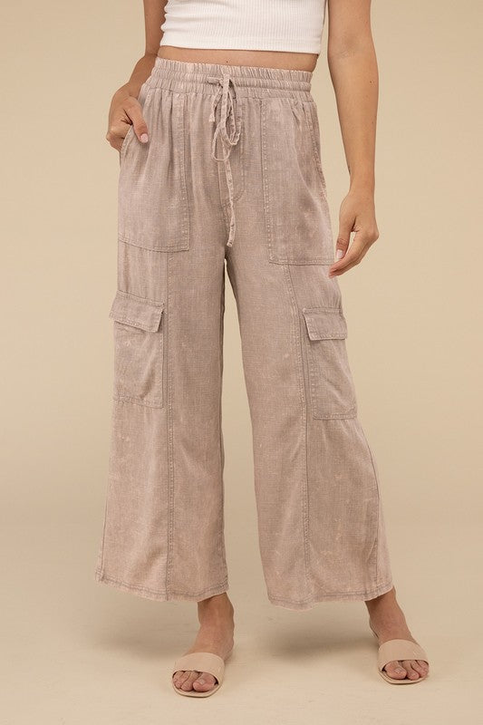 Denim - Washed Linen Elastic Band Waist Cargo Pants - ASH MOCHA - Cultured Cloths Apparel