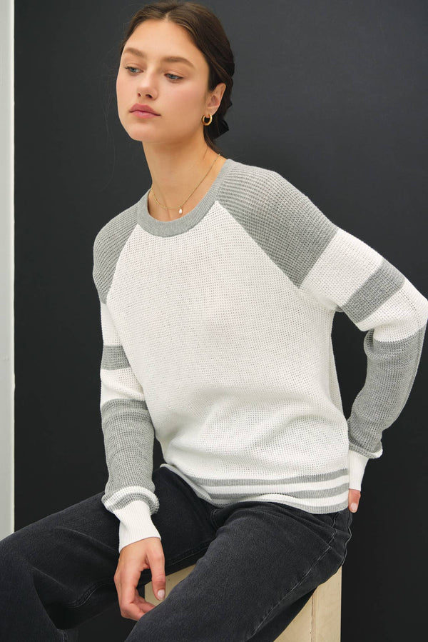 Women's Sweaters - BASEBALL STYLE SWEATER WITH STRIPED ACCENTS -  - Cultured Cloths Apparel