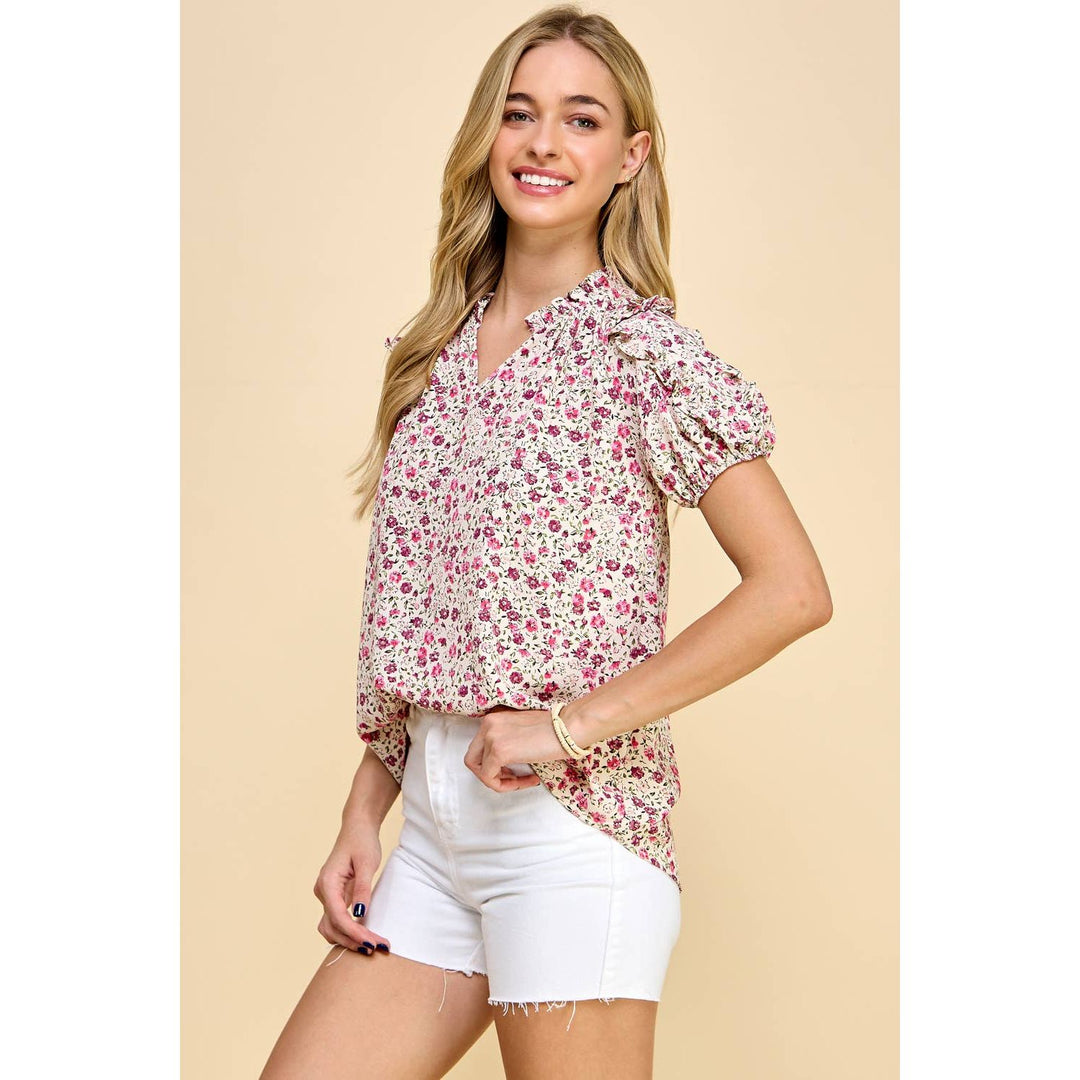 Women's Short Sleeve - Floral Printed Ruffled Sleeves Top -  - Cultured Cloths Apparel