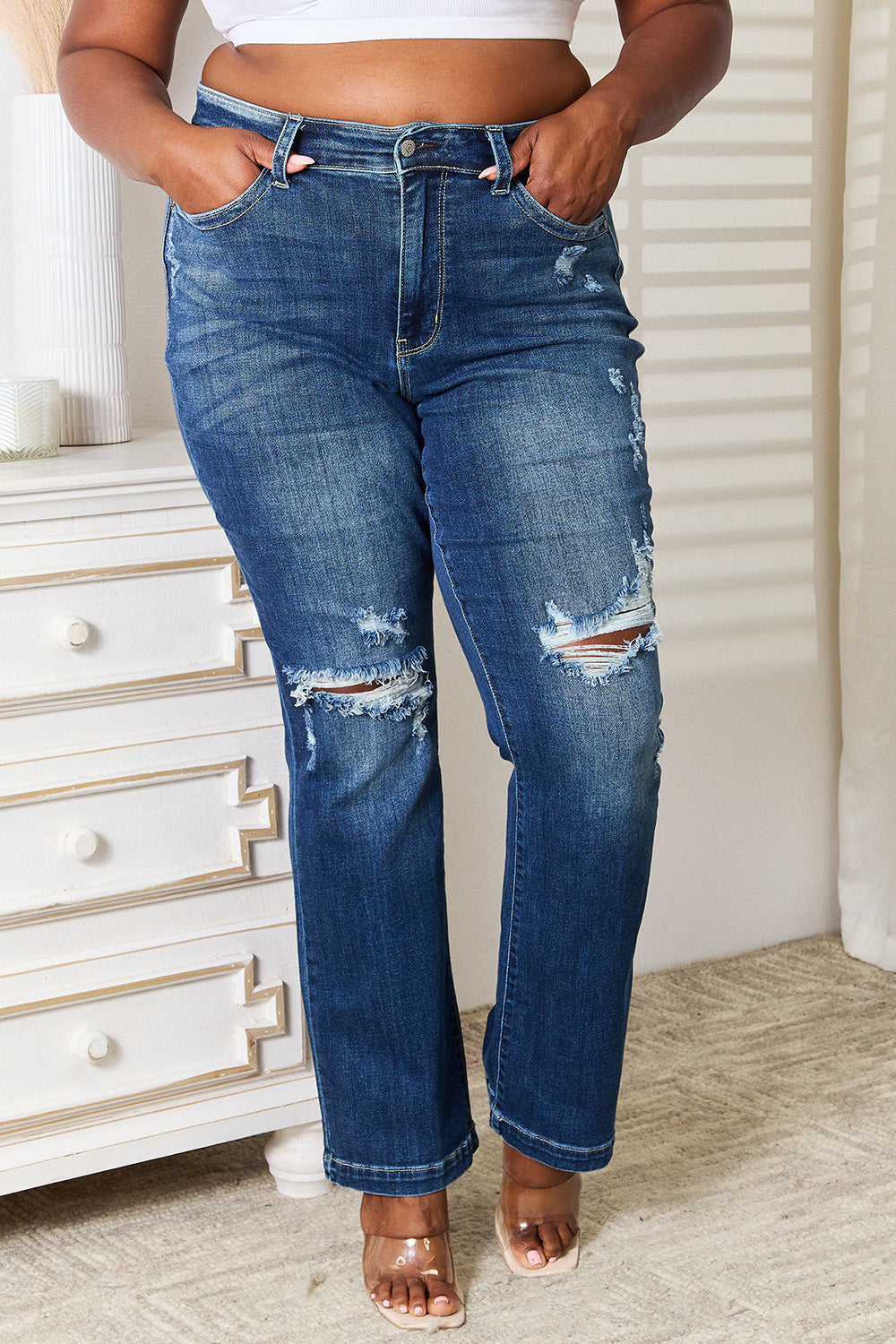 Denim - 82541 Judy Blue Full Size Mid Rise Hand Sand & Destroy Bootcut Jeans - - Cultured Cloths Apparel