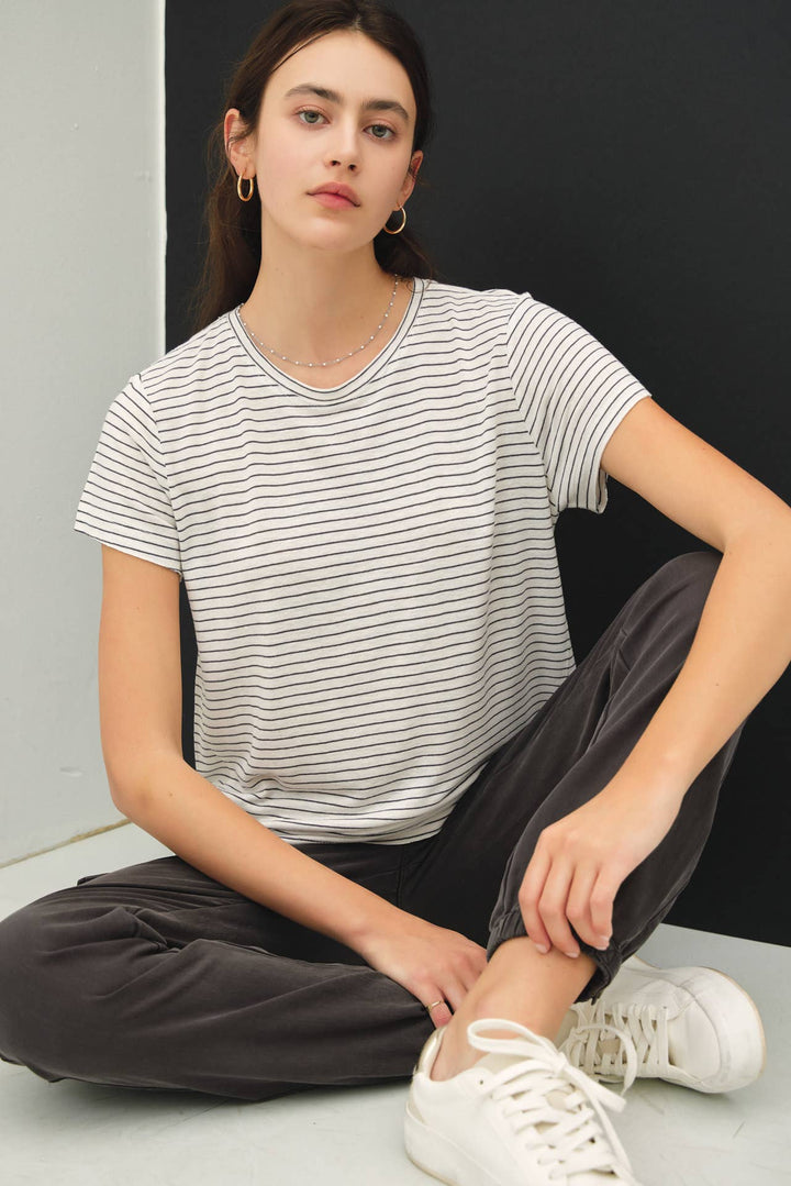 Women's Short Sleeve - SHORT SLEEVE ROUND NECK STRIPED RELAXED TEE - Charcoal - Cultured Cloths Apparel