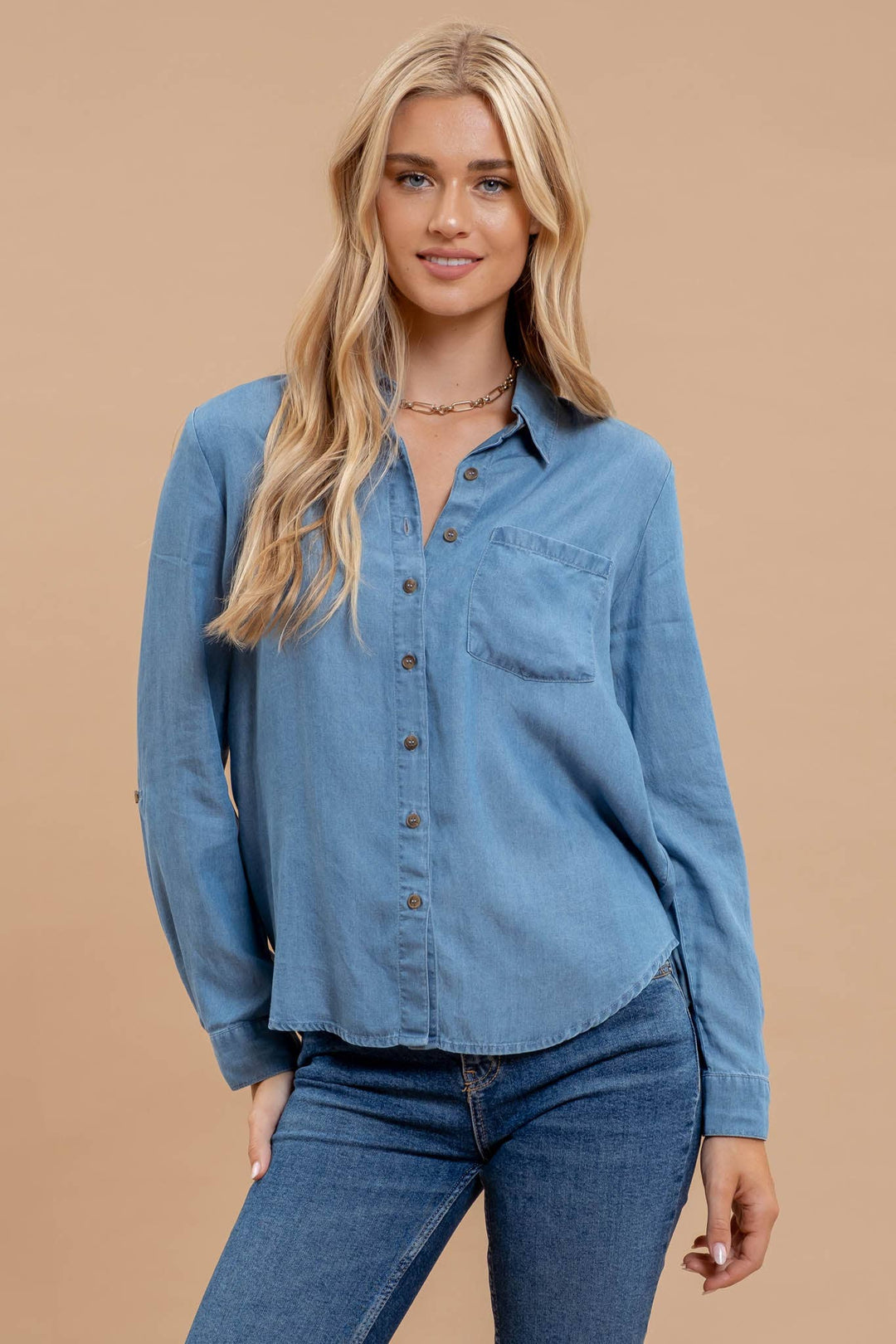 Women's Long Sleeve - TAB SLEEVE COLLARED BUTTON DOWN CHAMBRAY TOP -  - Cultured Cloths Apparel