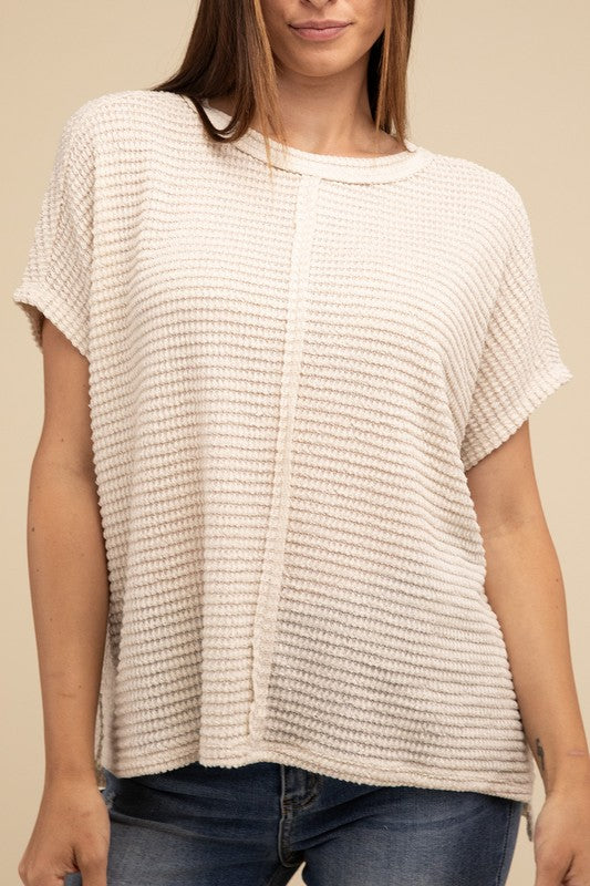 Women's Sweaters - Dolman Short Sleeve Jacquard Sweater - SAND BEIGE - Cultured Cloths Apparel