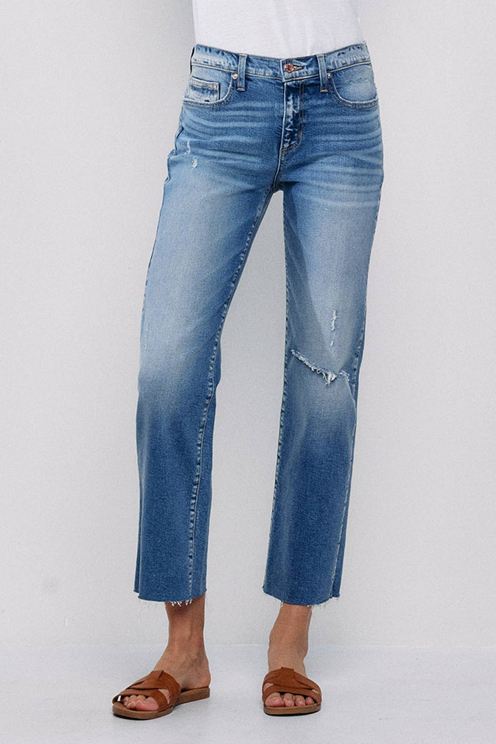 Denim - SNEAKPEEK MID RISE STRAIGHT JEANS WITH KNEE RIPS -  - Cultured Cloths Apparel