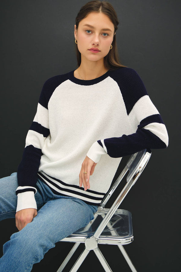 Women's Sweaters - BASEBALL STYLE SWEATER WITH STRIPED ACCENTS -  - Cultured Cloths Apparel