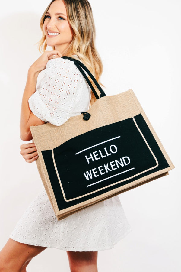 Handbags - Fame Hello Weekend Burlap Tote Bag - Black - Cultured Cloths Apparel