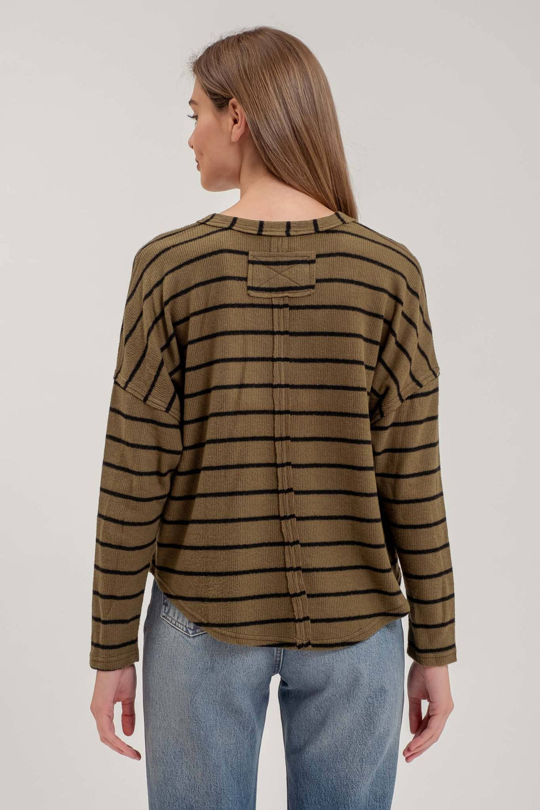 Women's Sweaters - STRIPE EXPOSED SEAM SPLIT NECK KNIT TOP: BROWN -  - Cultured Cloths Apparel