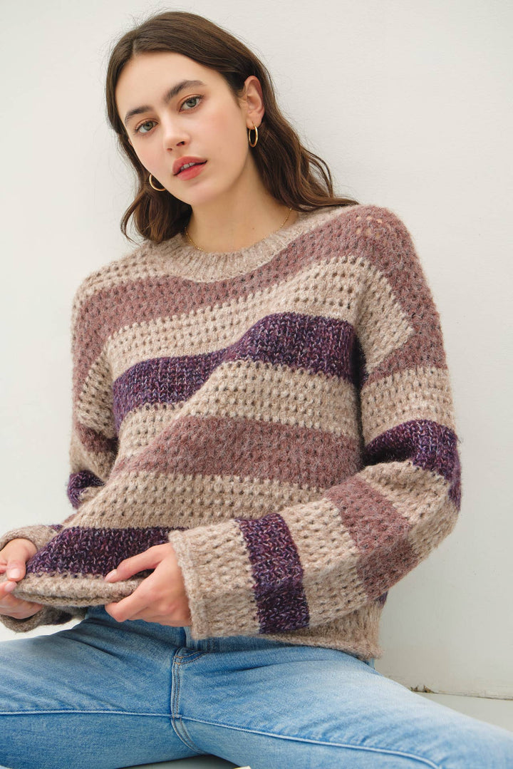 Women's Sweaters - CHUNKY CROCHET KNIT STRIPED SWEATER -  - Cultured Cloths Apparel