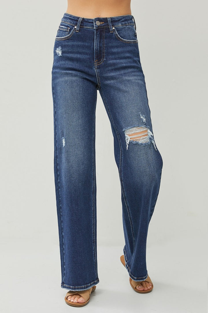 Denim - RISEN Full Size High Rise Distressed Wide Leg Jeans -  - Cultured Cloths Apparel