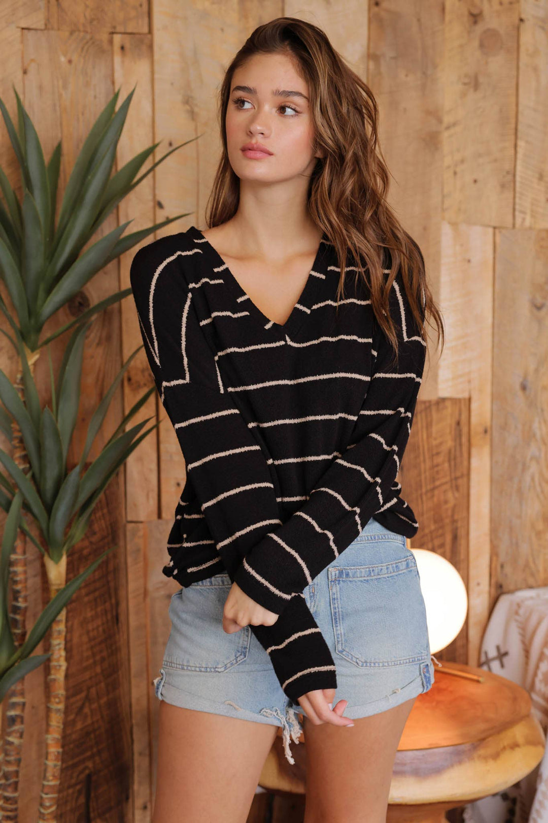 Women's Long Sleeve - STRIPE V NECK DROP SHOULDER LONG SLEEVE KNIT TOP - - Cultured Cloths Apparel