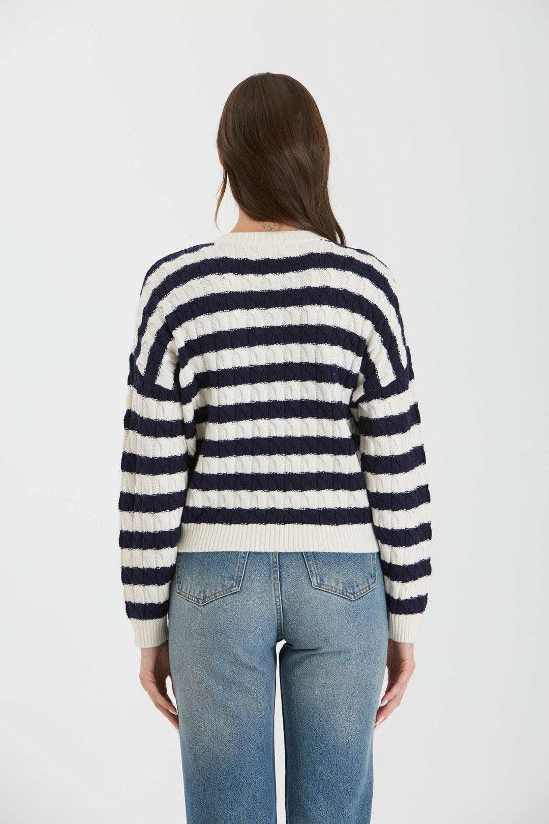 Women's Sweaters - STRIPE CREWNECK CABLE KNIT KNIT SWEATER -  - Cultured Cloths Apparel