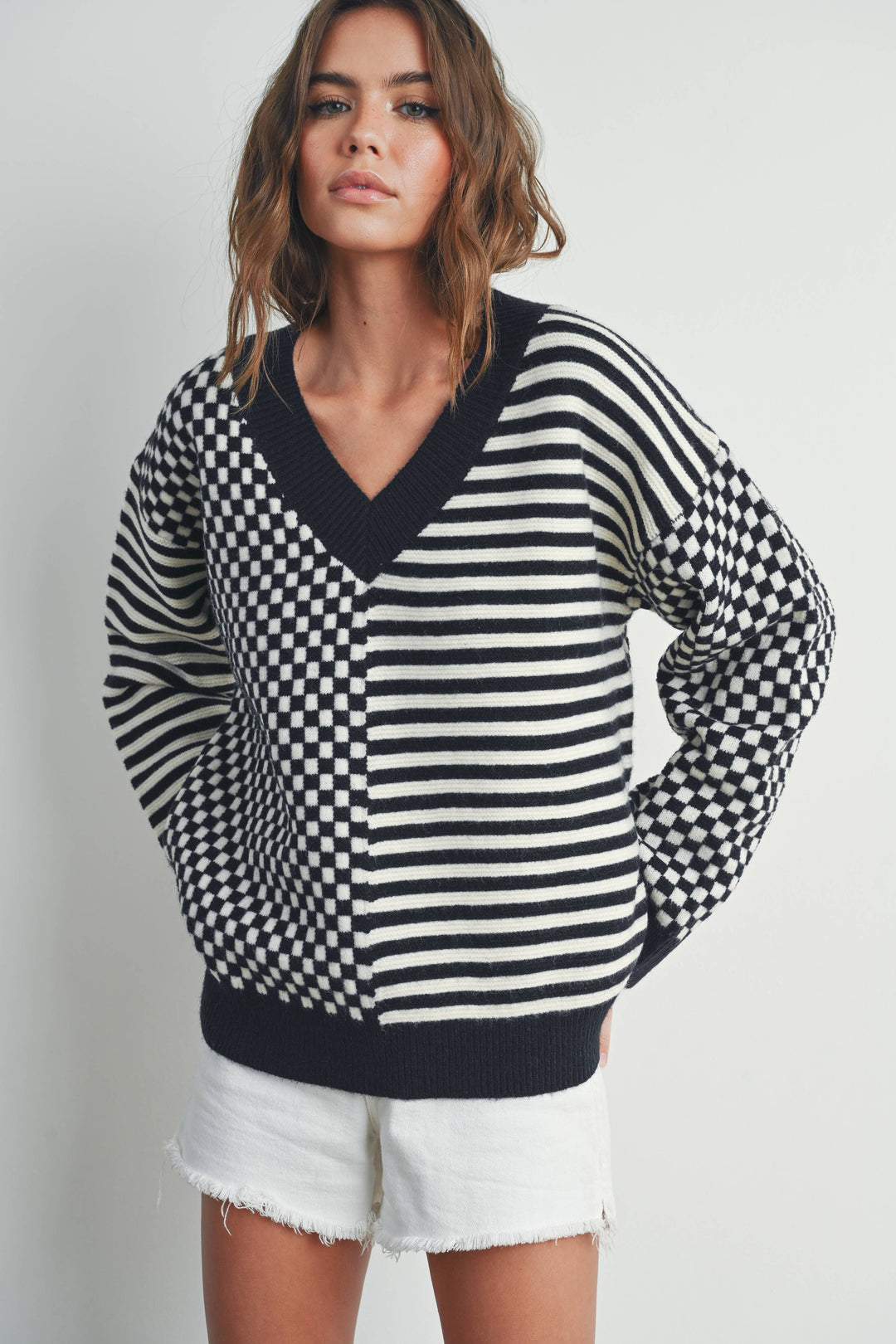 Women's Sweaters - FRENCHY CHECKER PATTERN DROP SHOULDER SWEATER - - Cultured Cloths Apparel