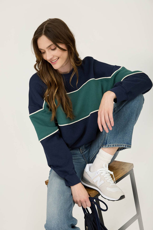 Women's Sweaters - COLORBLOCK STRIPE LONG SLEEVE KNIT TOP - NAVY - Cultured Cloths Apparel