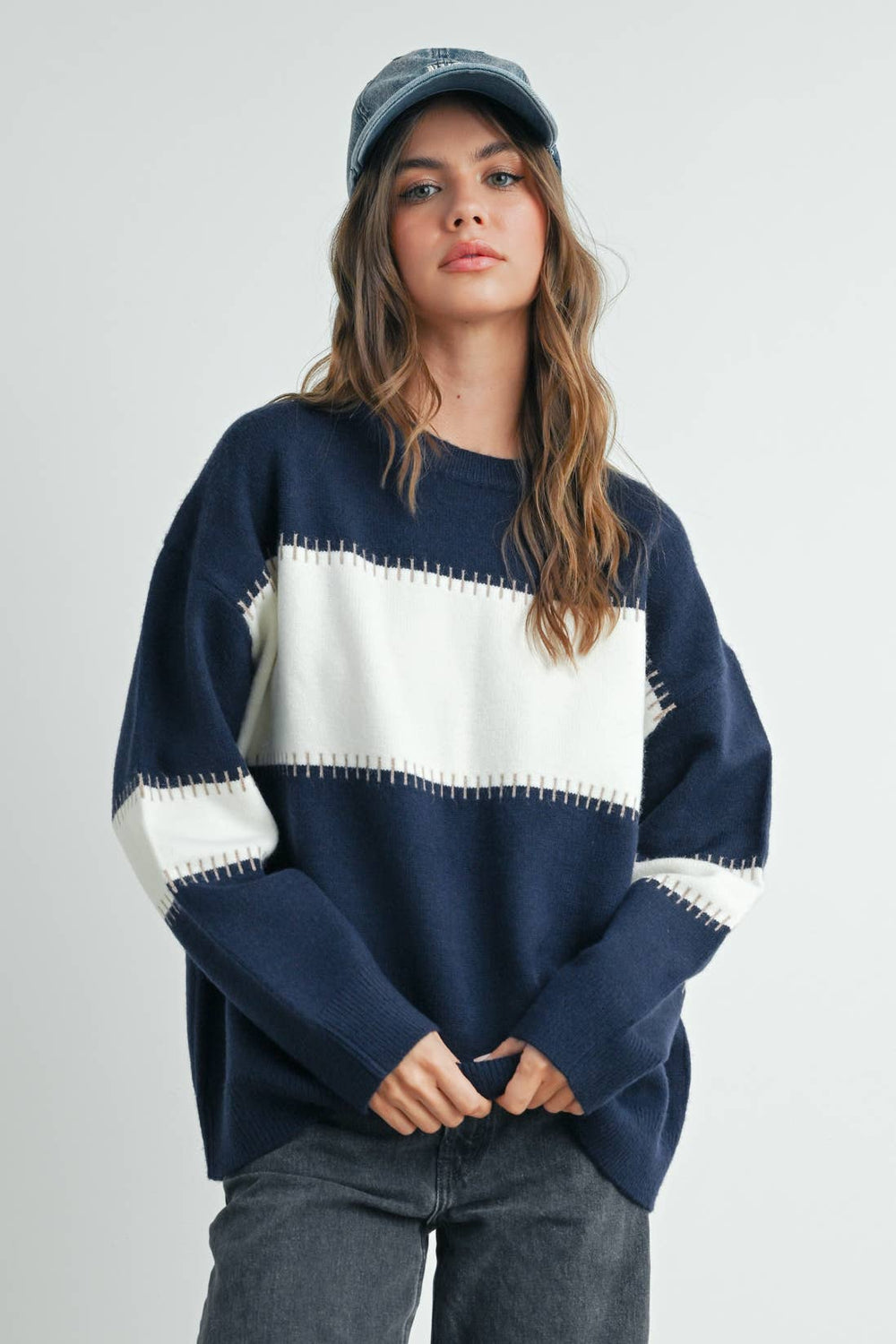 Women's Sweaters - COLOR BLOCK STRIPED CREW NECK SWEATER - NAVY / IVORY - Cultured Cloths Apparel