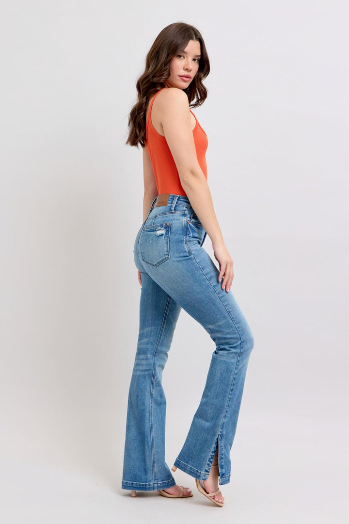 Denim - Judy Blue HW Tummy Control Vintage Wash Side Slit Slim Boot Jeans - - Cultured Cloths Apparel