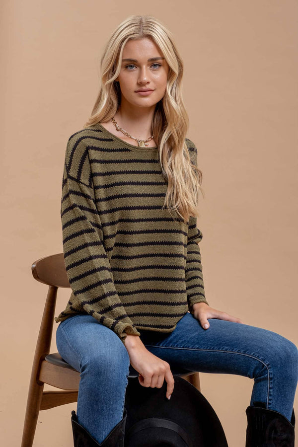 Women's Sweaters - STRIPE BOAT NECK DROP SHOULDER KNIT SWEATER - OLIVE - Cultured Cloths Apparel