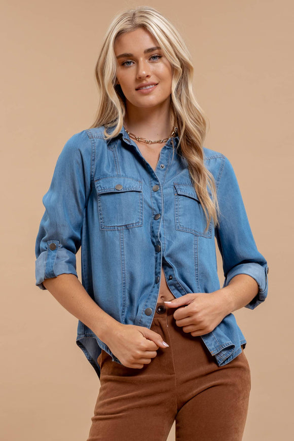 Women's 3/4 Sleeve - CHAMBRAY COLLARED 3/4 TAB SLEEVE BUTTON DOWN SHIRT - CHAMBRAY - Cultured Cloths Apparel