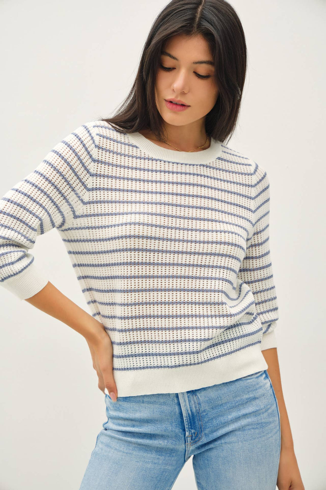 Women's 3/4 Sleeve - STRIPED 3/4 SLEEVE SWEATER - Denim Blue - Cultured Cloths Apparel