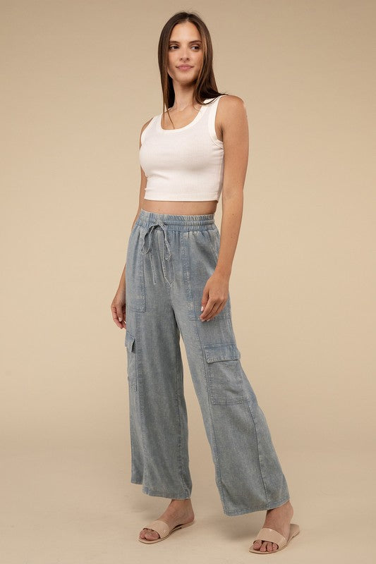 Denim - Washed Linen Elastic Band Waist Cargo Pants -  - Cultured Cloths Apparel