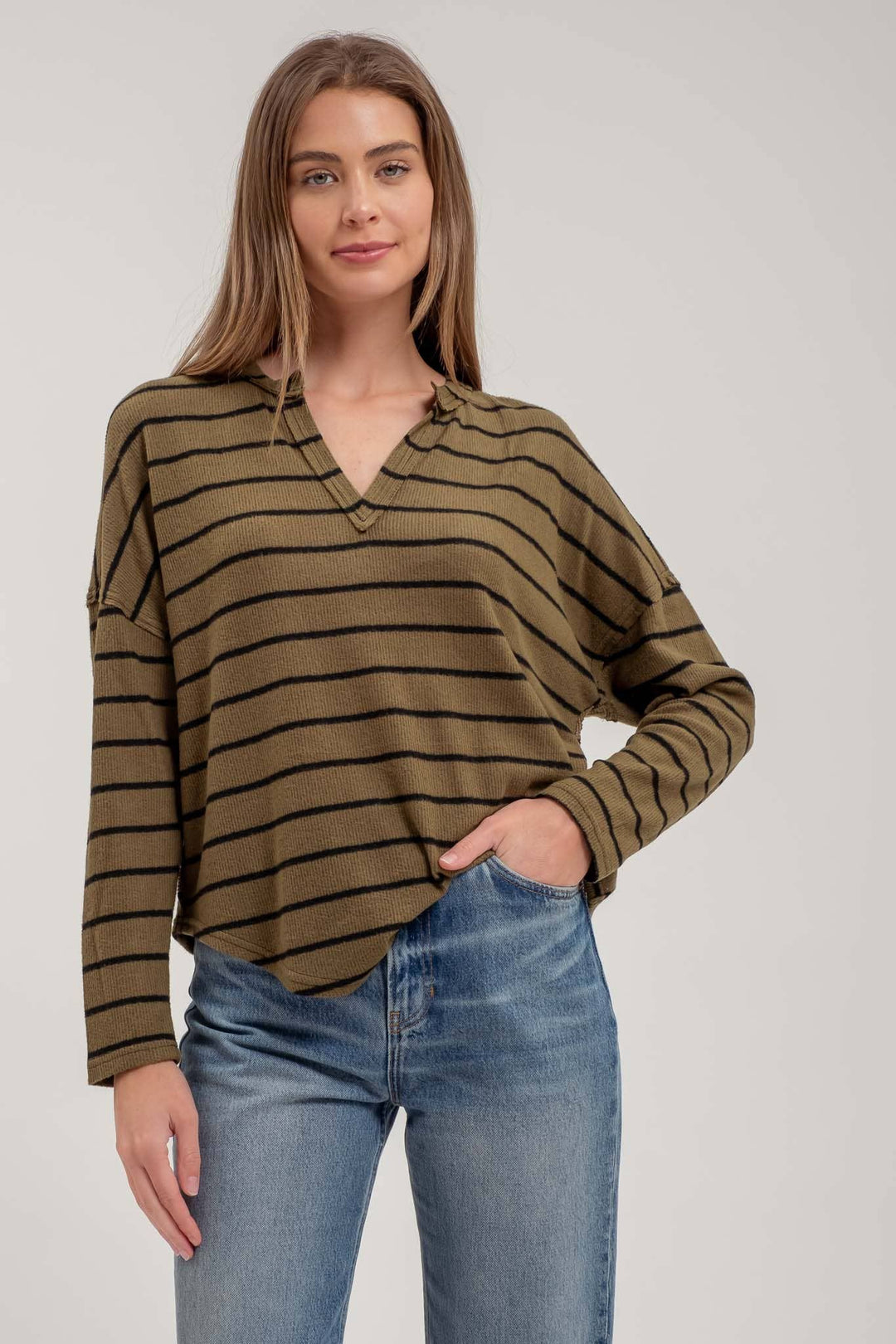 Women's Sweaters - STRIPE EXPOSED SEAM SPLIT NECK KNIT TOP: BROWN -  - Cultured Cloths Apparel