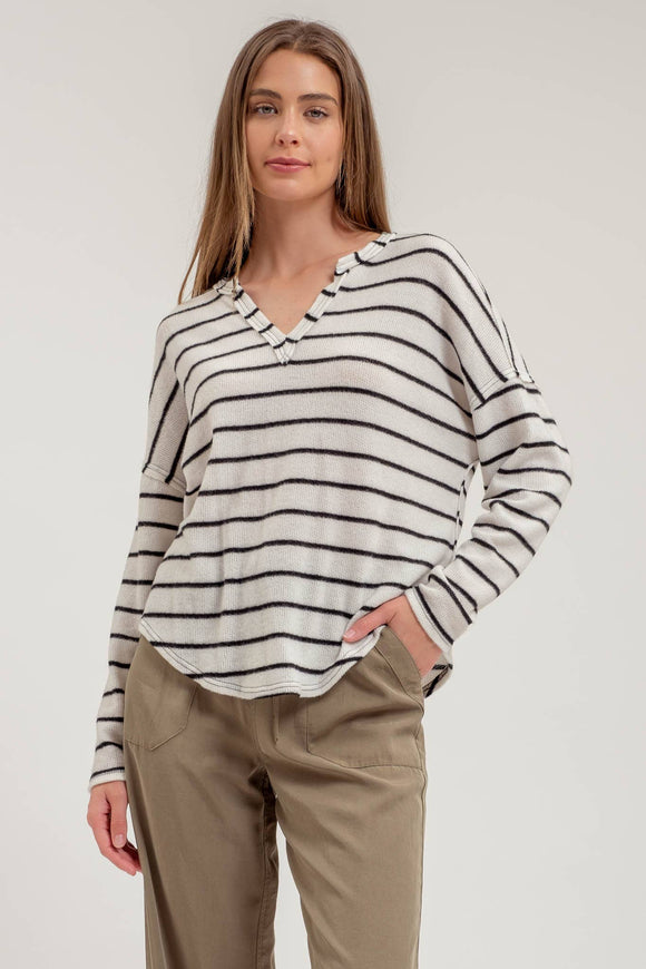 Women's Sweaters - STRIPE EXPOSED SEAM SPLIT NECK KNIT TOP -  - Cultured Cloths Apparel