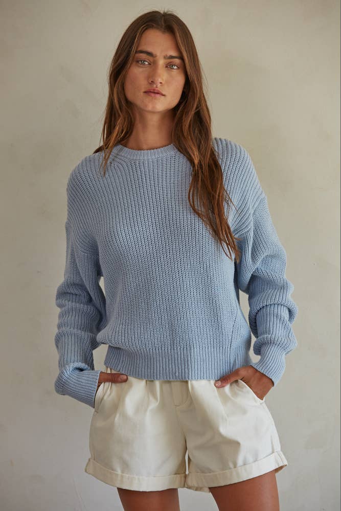 Women's Sweaters - Knit Cotton Sweater Ribbed Long Sleeve Pullover Top - Light Blue - Cultured Cloths Apparel