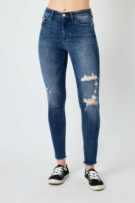 Denim - Judy Blue Full Size High Waist Distressed Skinny Jeans - - Cultured Cloths Apparel