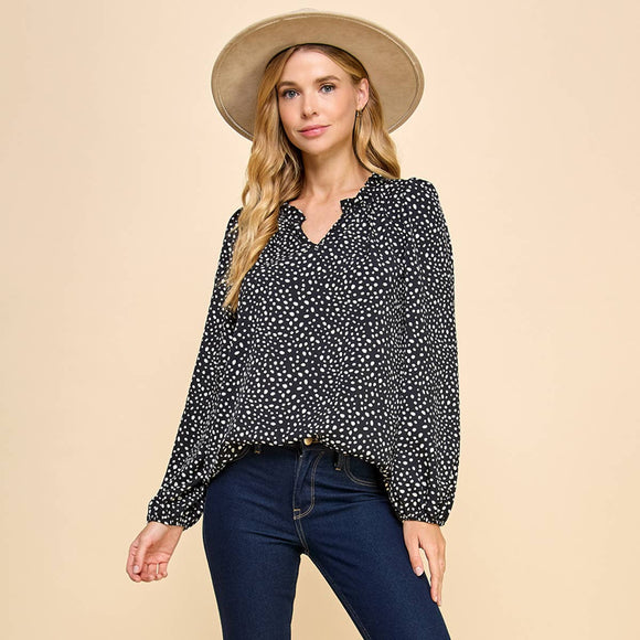 Women's Long Sleeve - Polka Dot Printed Top with Ruffled V Neck - Black - Cultured Cloths Apparel