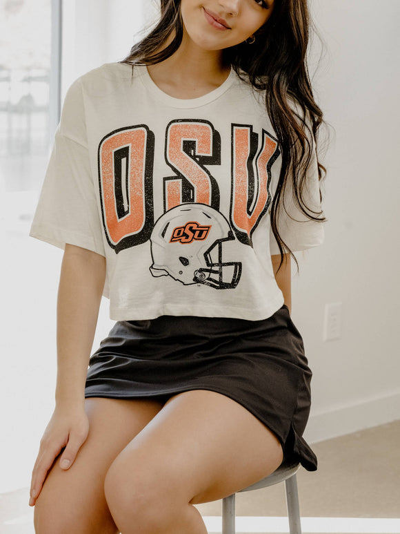 Graphic T-Shirts - OSU Cowboys Helmet Fade Off White Cropped Tee - Small - Cultured Cloths Apparel