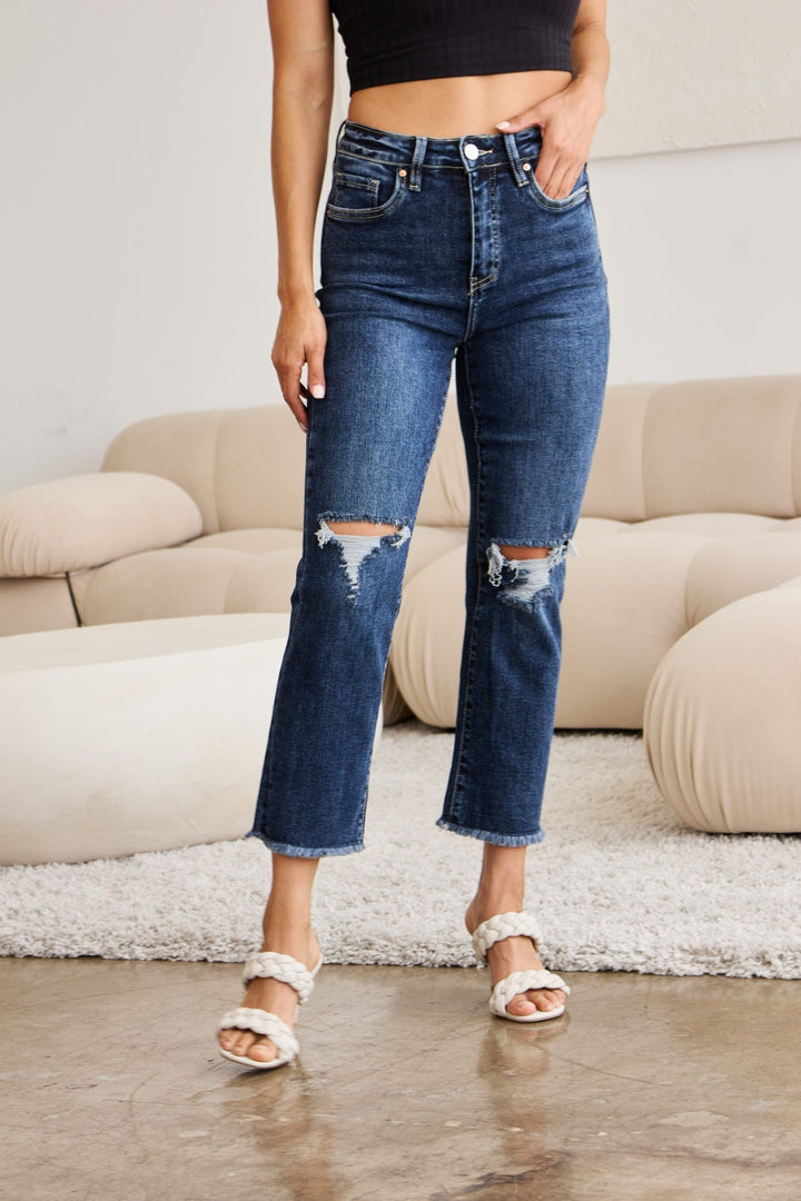 Denim - RFM Crop Dylan Full Size Tummy Control Distressed High Waist Raw Hem Jeans -  - Cultured Cloths Apparel