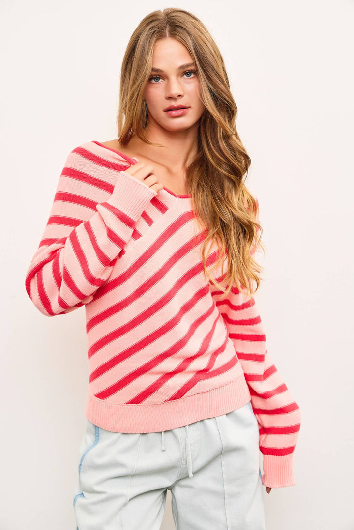 Women's Sweaters - CROSS STRIPE V NECK SWEATER TOP - - Cultured Cloths Apparel