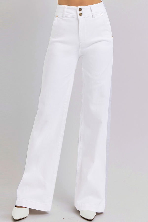 Denim - RISEN Full Size Tummy Control Double Button Wide Leg Jeans - White - Cultured Cloths Apparel