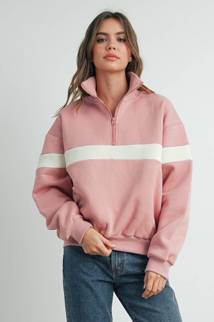 TWO-TONED HALF ZIP COLLAR SWEATSHIRT