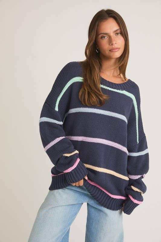 Women's Sweaters - Long Sleeve Round Neck 3d Striped Sweater - - Cultured Cloths Apparel