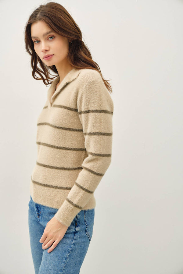 Women's Sweaters - COLLARED FUZZY STRIPED V NECK SWEATER -  - Cultured Cloths Apparel