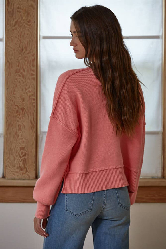 Women's Sweaters - Cotton Acrylic Ribbed Knit Sweater - Peach Pink - Cultured Cloths Apparel