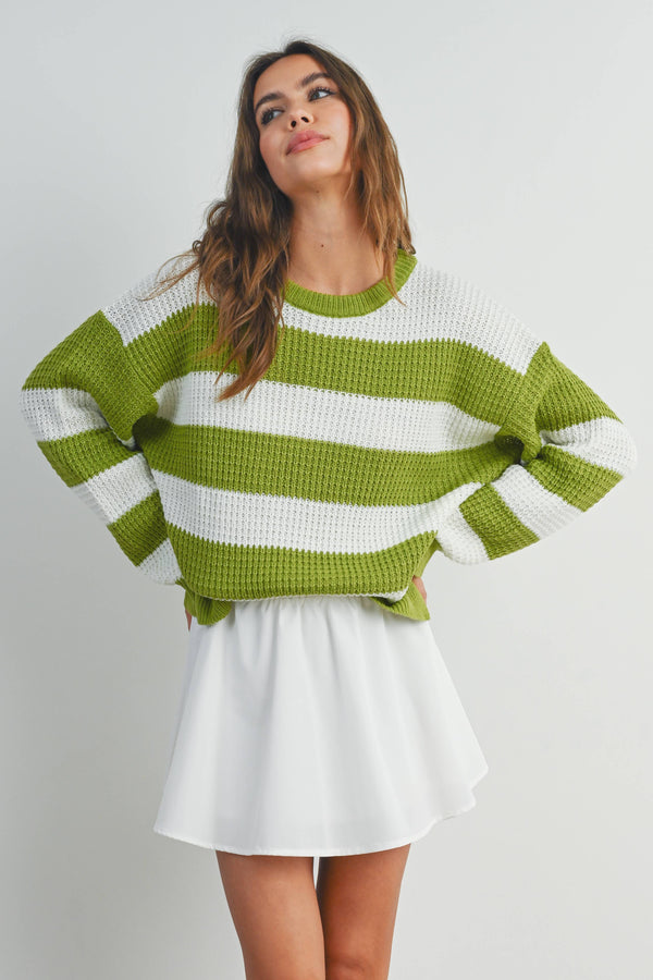 Women's Sweaters - STRIPED ROUND NECK LONG SLEEVE SWEATER - IVORY / GREEN - Cultured Cloths Apparel