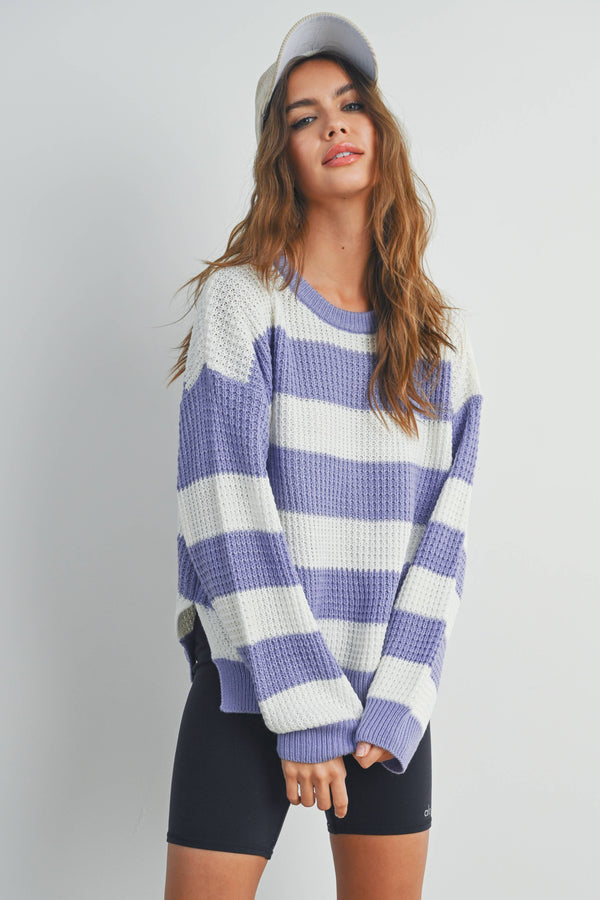 Women's Sweaters - STRIPED ROUND NECK LONG SLEEVE SWEATER -  - Cultured Cloths Apparel