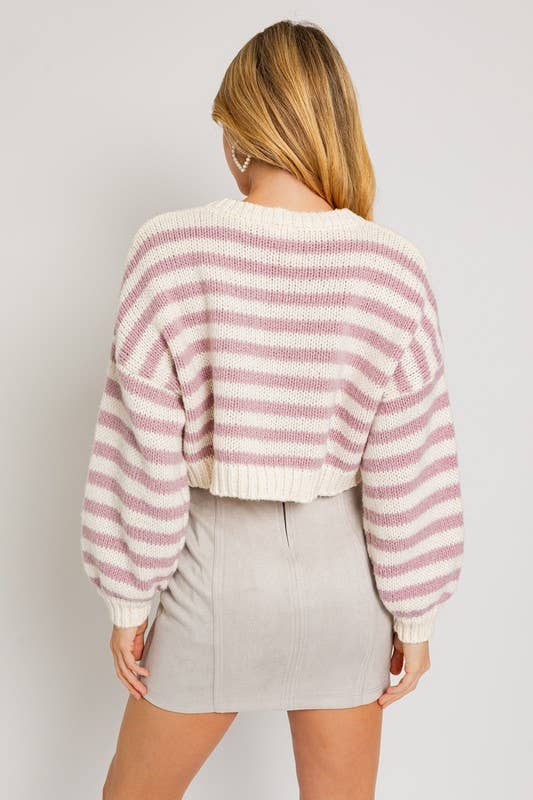 Women's Sweaters - Long Sleeve V-Neck Striped Cropped Sweater - - Cultured Cloths Apparel